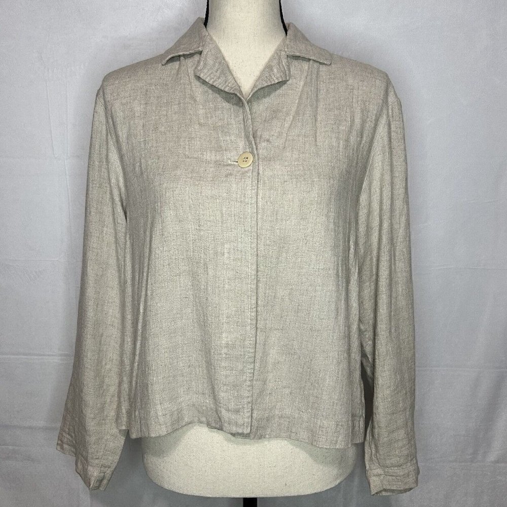 Eileen Fisher Tan One-Button Shirt Jacket Linen Rayon Blend Sz Petite Small PS